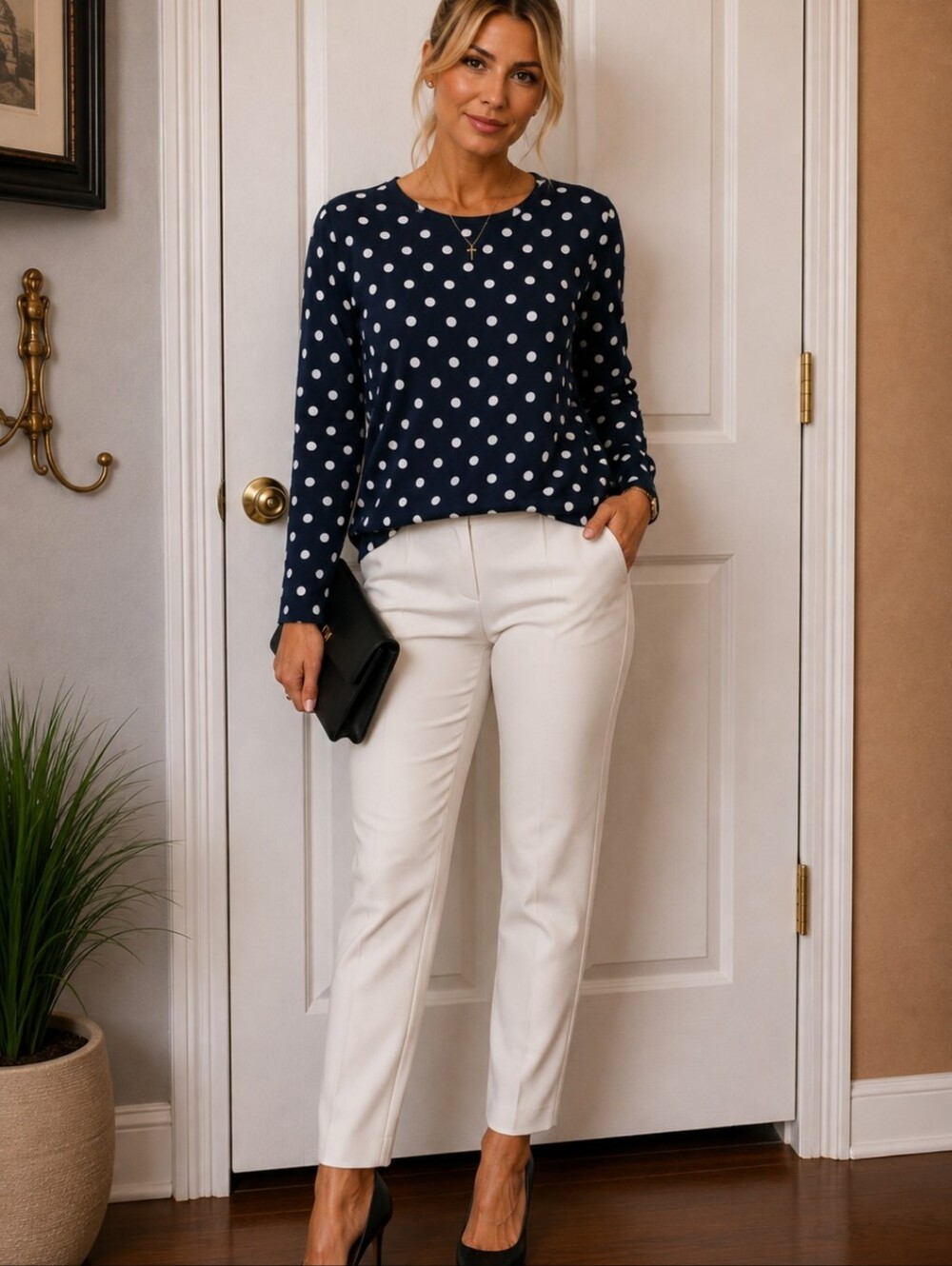Lands' End Navy Blue Polka Dot Long Sleeve Top
